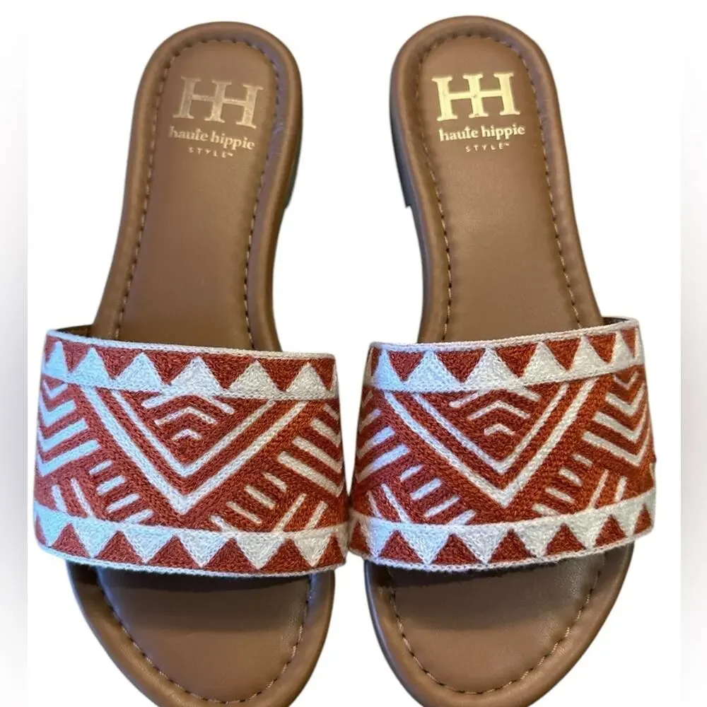 Haute Hippie Women’s Size 6.5 Rust and White Tribal Design Slip On Sandals